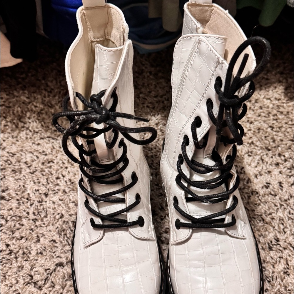 White Croc-Embossed Lace-Up Boots